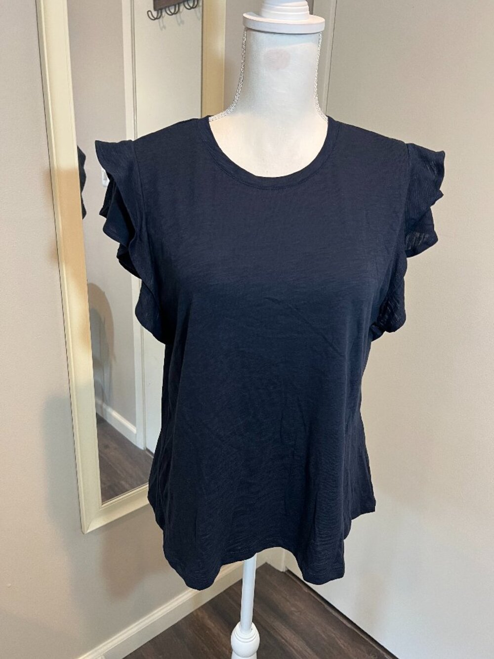 NWT Chico's Navy Blue Flutter Cap Sleeve Slub Knit Tee, Size 2 (US Size L)
